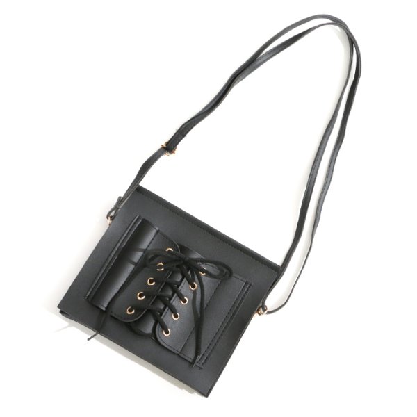 画像7: レースアップ スクエア ショルダーバッグ ブラック /ミニバッグ/ショルダーバッグ /肩掛けバッグ/レースアップ/バッグ/ポシェット/bag/スピンドル (7)