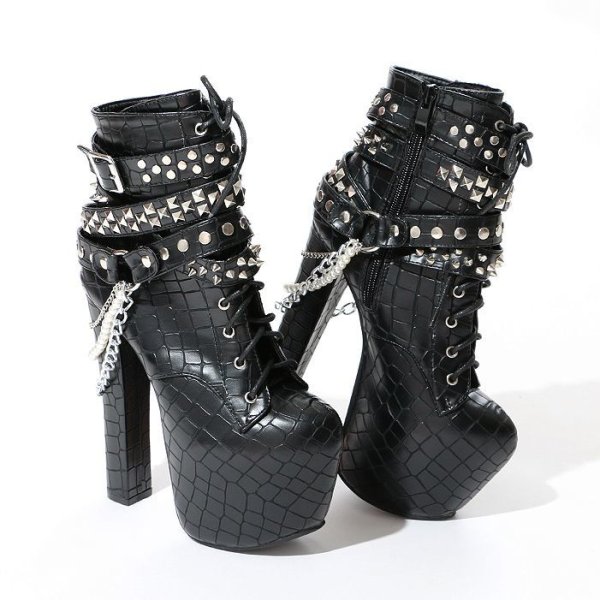 画像10: パール＆チェーン付型押しレースアップブーツ  ブーツ/レースアップブーツ/型押しブーツ (10)