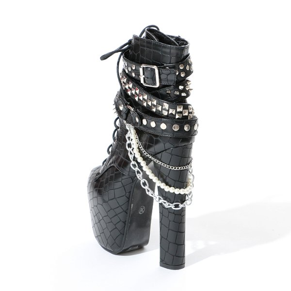 画像5: パール＆チェーン付型押しレースアップブーツ  ブーツ/レースアップブーツ/型押しブーツ (5)