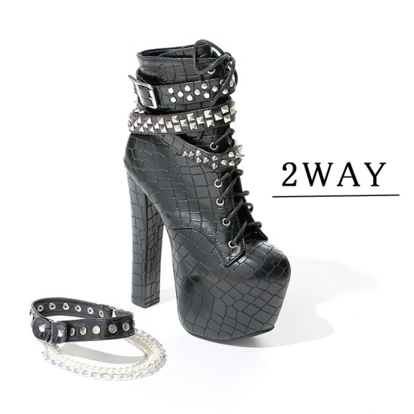 画像8: パール＆チェーン付型押しレースアップブーツ  ブーツ/レースアップブーツ/型押しブーツ (8)