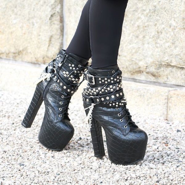 画像2: パール＆チェーン付型押しレースアップブーツ  ブーツ/レースアップブーツ/型押しブーツ (2)