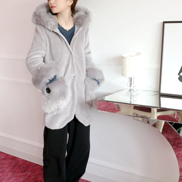 画像5: ボリュームファーフードコート　GY　ファーコート/コート/オーバー/オーバーコート (5)