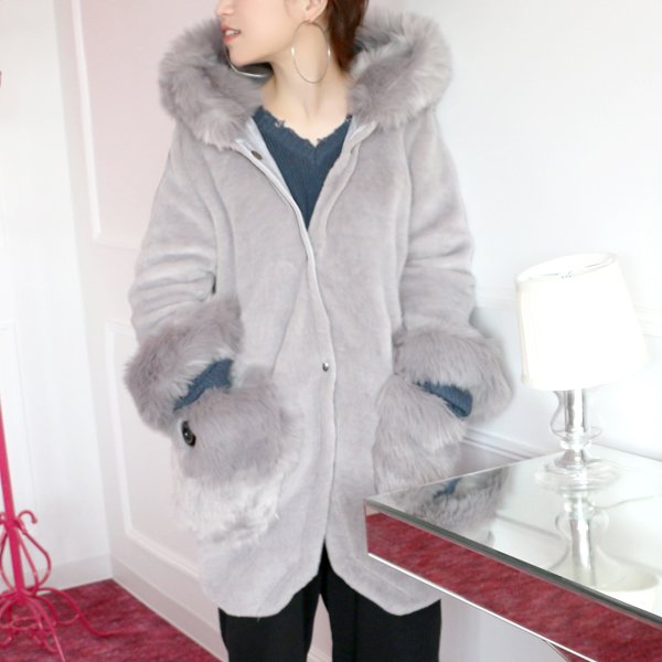 画像4: ボリュームファーフードコート　GY　ファーコート/コート/オーバー/オーバーコート (4)