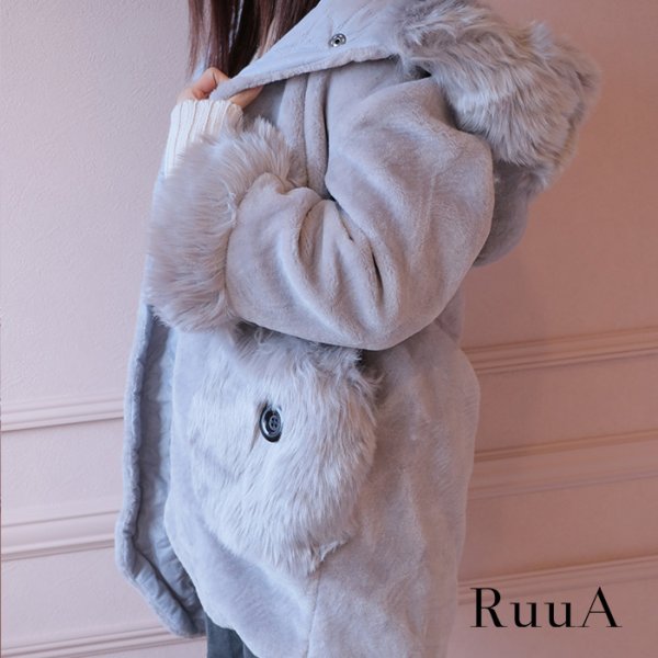 画像2: ボリュームファーフードコート　GY　ファーコート/コート/オーバー/オーバーコート (2)