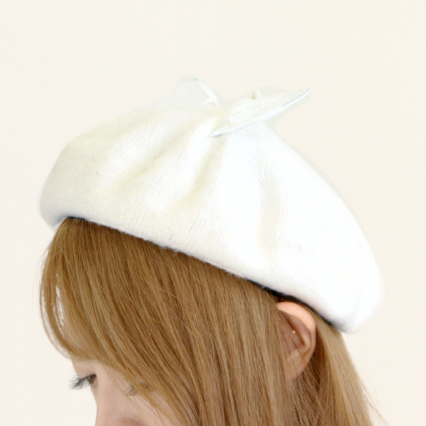 フワフワ猫耳ベレー帽 ホワイト /帽子/キャップ/ニット帽/ベレー帽 RuuA